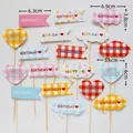 Colorful macaron style heart and flag birthday cake toppers in various plaid patterns - Heart Cloud Floral Topper Set