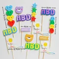 Rainbow birthday cake toppers featuring stars, hearts, and HBD sign with wood sticks - Letter Heart Sunflower Topper Set