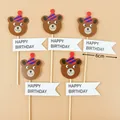 Five-piece cartoon bear birthday cake toppers with Happy Birthday banners on wooden sticks - Striped Hat Bear Topper Set