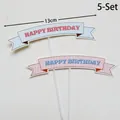 Pink and blue Happy Birthday cake toppers set of 5 banners with 13cm width - Plaid Birthday Banner Topper Set