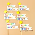6-piece set of birthday cake toppers featuring yellow stars and Happy Birthday banners - Star Birthday Flag Topper Set