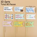 Set of 90 Happy Birthday cake toppers featuring cute cartoon bears and colorful patterns - Plaid Series Birthday Mini Flag