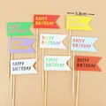 Colorful paper Happy Birthday cake topper flags with multi-color banners and wooden sticks - Colorful Birthday Flag Topper Set