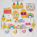 Cartoon bear cake topper set with rainbow and heart motifs for birthday party decoration - Rainbow Bear Birthday Topper Set