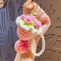 Handmade crochet rose bouquet keychain with pink flowers, pearls and a golden bell - Pink Rose (with Pearl Chain)