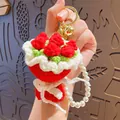 Handmade crochet strawberry bouquet keychain with white lace bow and pearl chain - Red Rose (with Pearl Chain)