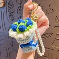 Handmade crochet flower keychain with blue wool rose and white pearl bead strap - Blue Rose (with Pearl Chain)