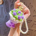 Handmade crochet purple flower bouquet keychain with pearl wrist strap and golden bell - Purple Rose (with Pearl Chain)