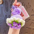 Handmade crochet flower bouquet keychain with purple bell and decorative tag - Purple Rose (with 'To Please You' Tag)