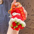 Handmade crochet flower bouquet keychain in red and white with a bell and gift card - Red Rose (with 'Dreams Come True' Tag)