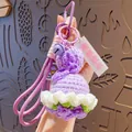Handmade purple crochet flower doll keychain with metal bell and lobster clasp charm - Double Rope Purple Rose (To Please You)
