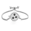 Silver stainless steel adjustable bracelet with a round black paw print charm pendant - Three Paw Prints / Screw Twist Opening