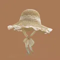 Close-up of beige straw hat featuring elegant white lace trim and scalloped brim details - M (56-58cm) / Flat Lace Trim - Beige