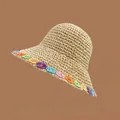Close-up of colorful floral embroidery on the edge of a wide brim straw sun hat - M (56-58cm) / Small Colored Flowers - Beige