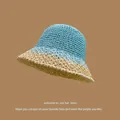 Detail of hand-woven straw sun hat showing two-tone sky blue and beige paper grass texture - M (56-58cm) / Color Block - Blue