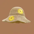 Detail of sun hat with yellow sunflowers and natural wavy brim on a brown background - M (56-58cm) / Sunflower - Beige