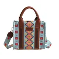Ethnic style canvas tote bag with geometric patterns and braided leather straps - Light Blue