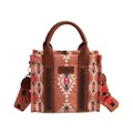 Ethnic style brick red canvas tote bag with geometric diamond patterns and leather handles - Khaki
