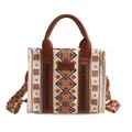Ethnic style canvas tote bag featuring orange geometric patterns and brown leather handles - Off-white
