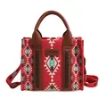 Ethnic red canvas tote bag with geometric patterns and brown leather braided handles - Red