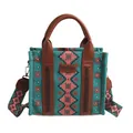Ethnic style turquoise canvas tote bag with pink geometric patterns and wide shoulder strap - Green