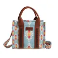 Light blue ethnic canvas tote bag with geometric patterns and leather handles - Dark Blue