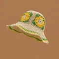 Handmade crochet straw sun hat featuring yellow sunflower patterns and wide striped brim - M (56-58cm)