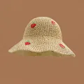 Beige wide brim straw sun hat with strawberry embroidery and wavy edge for women - M (56-58cm) / All Strawberry - Beige
