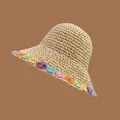 Natural straw sun hat with colorful floral embroidery and wide brim for summer beachwear - M (56-58cm) / Small Colored Flowers - Beige