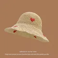 Beige woven straw sun hat featuring red heart embroidery for a sweet summer look - M (56-58cm) / Heart - Beige
