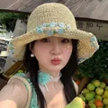 Beige wide-brim straw hat with light blue crochet flowers for summer sun protection - M (56-58cm) / Floral - Beige Blue