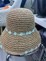 Brown woven straw bucket hat with delicate blue flower embroidery and wide brim - M (56-58cm) / Floral - Khaki Blue