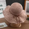 Women's wide wave brim straw sun hat in soft pink with dark brown ribbon bow detail - M (56-58cm) / Bowknot-Pink