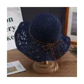 Navy blue wide brim straw hat with brown bow tie on wooden display stand - M (56-58cm) / Bow - Navy
