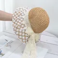 Wide brim straw sun hat with elegant white floral lace overlay and a large ribbon bow - M (56-58cm) / White Lace - Khaki