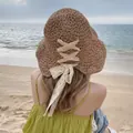 Khaki wide brim straw hat with white lace ribbon bow for sun protection beachwear - M (56-58cm) / Bow Tie - Khaki