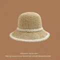 Beige woven straw sun hat with pearl strand trim in a classic French vintage style - M (56-58cm)