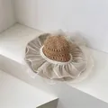Elegant wide brim straw hat with organza ruffles and pearl trim in natural beige - M (56-58cm) / Mesh Pearl Large Brim - Khaki