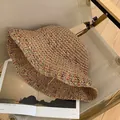 Women's woven straw bucket hat with colorful stripes on a wooden folding chair - M (56-58cm) / Rainbow Edge - Khaki