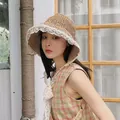 Handwoven straw sun hat with wide white lace trim detail for summer vacation style - M (56-58cm) / Lace Open Edge - Khaki