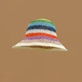 Colorful striped crochet straw sun hat in vibrant multicolor design with wide brim - M (56-58cm) / Rainbow