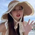 Brown straw sun hat with wide brim and white lace trim with ribbons for women - M (56-58cm) / Flat Lace Trim - Khaki