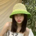 Women's wide brim straw sun hat in beige and green color block crochet design - M (56-58cm) / Color Block - Green