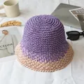 Two-tone woven straw bucket hat in purple and beige, perfect for beach sun protection - M (56-58cm) / Color Block - Purple