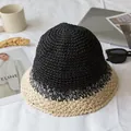 Women's black and beige straw sun hat with a wide brim in a hand-woven crochet design - M (56-58cm) / Color Block - Black