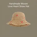 Light brown wide-brim straw hat with red heart embroidery and breathable weave - M (56-58cm) / Heart - Khaki