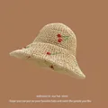Beige wide brim straw sun hat featuring delicate red and green cherry floral embroidery - M (56-58cm) / Cherry-Beige