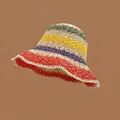 Handwoven multi-color striped straw sun hat with large brim and breathable texture - M (56-58cm) / Rainbow Hat - Beige