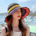 Summer striped straw beach hat with wide brim in vibrant multicolor woven design - M (56-58cm) / Rainbow Hat - Black