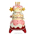 Giant three-tier cake foil balloon with candles and Happy Birthday text for party - Giant Standing Brown Cake